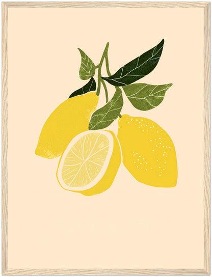 Illustration of yellow lemons with leaves in a brown frame.