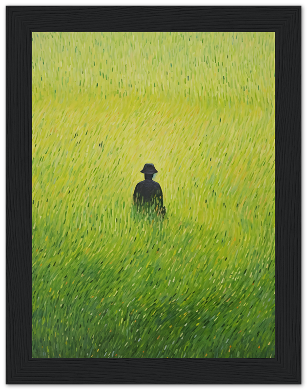 Painting of a solitary figure in black hat sitting in a field of tall green grass.