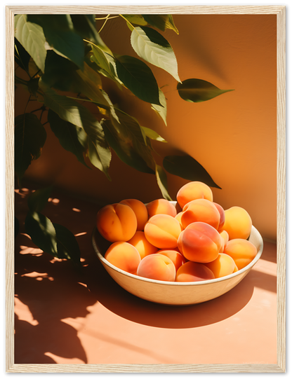 A bowl of apricots in sunlight against an orange wall with plant shadows.