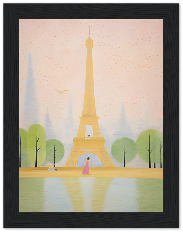 Illustration of the Eiffel Tower with trees, a reflective pool, and a person in pink.