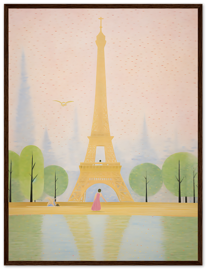 Illustration of the Eiffel Tower with trees, a reflective pond in the foreground, and a bird in the sky.