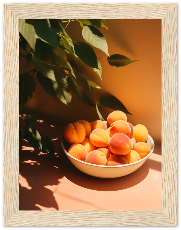 A bowl of ripe apricots bathed in warm sunlight next to a plant.