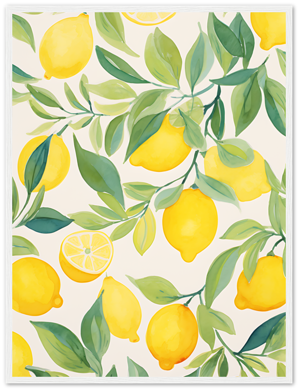 Illustration of vibrant yellow lemons with green leaves on a pale background.