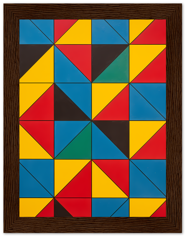Colorful geometric abstract painting in a wooden frame.