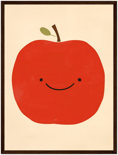 A framed illustration of a smiling red apple with a leaf on top.