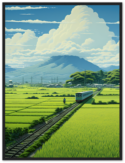 Illustration of a train traveling through a scenic countryside with lush green fields and a person walking nearby.