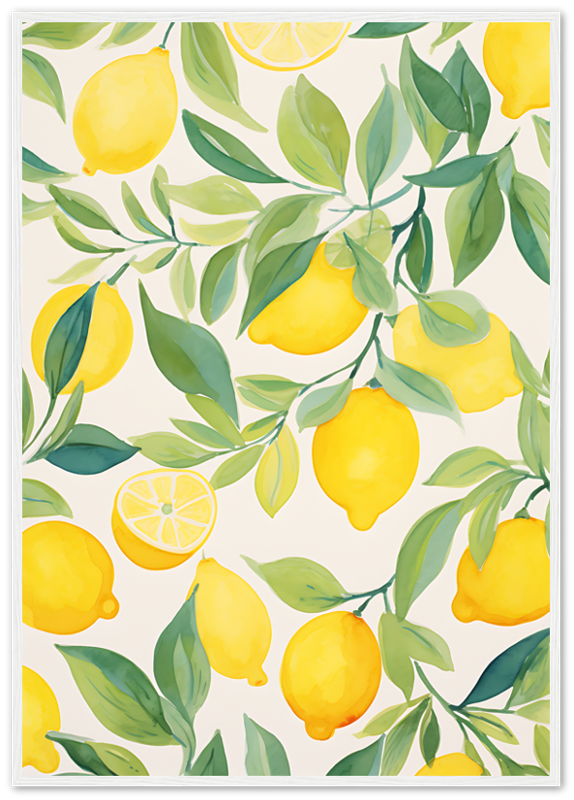 A vibrant illustration of yellow lemons with green leaves on a light background.
