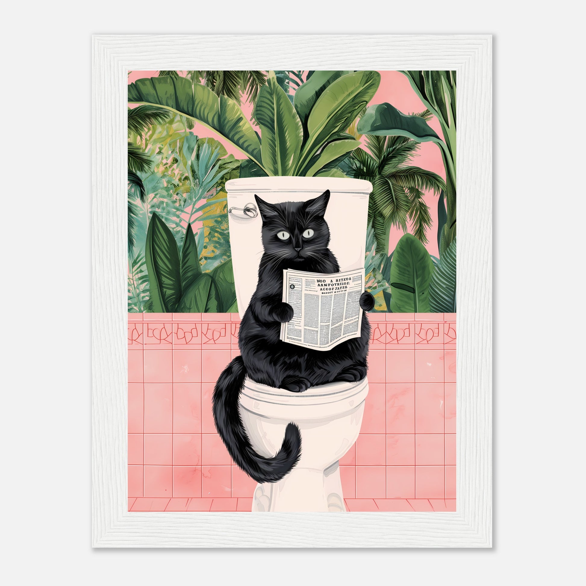 A black cat sitting on a toilet reading a newspaper with tropical wallpaper in the background.