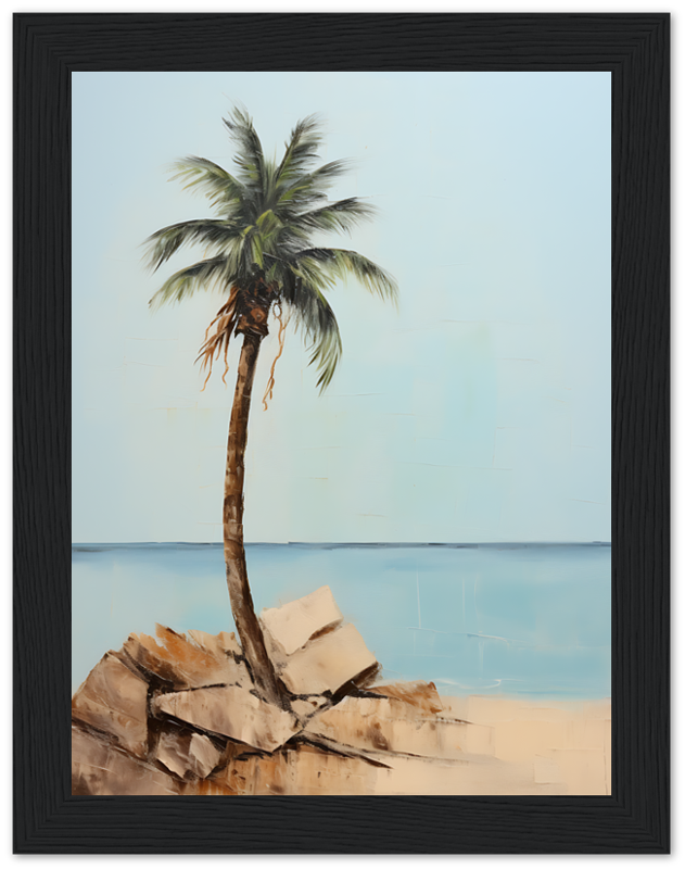 A framed painting of a single palm tree on a rocky outcrop against a serene blue background.