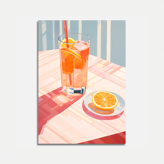 A stylized illustration of a glass of iced tea with a lemon slice and a plate with a lemon on a table.