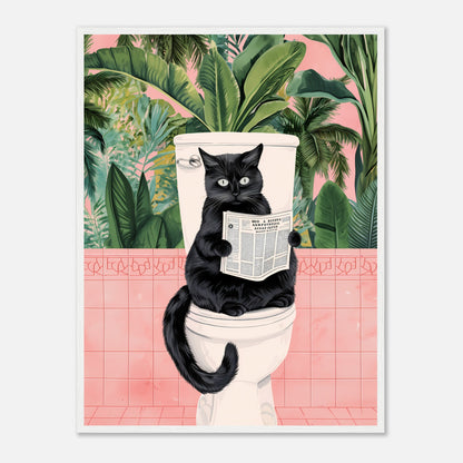 A black cat sitting on a toilet reading a newspaper with tropical wallpaper in the background.