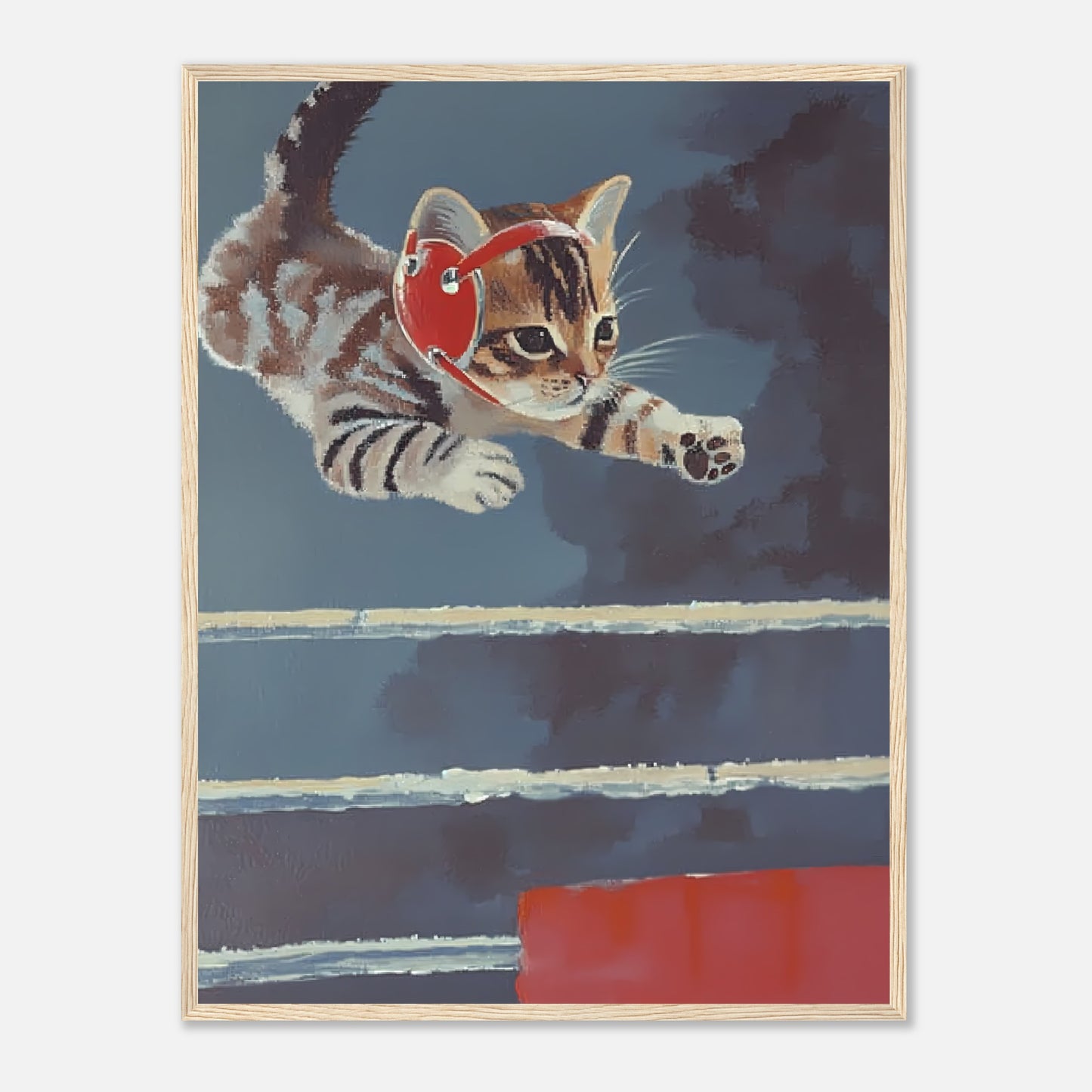 A painting of a cat with headphones leaping in the air against a blue background.