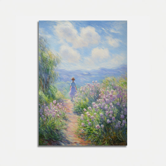 A painting of a person walking on a flower-lined path under a cloudy sky.