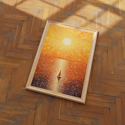 A framed painting of a sunset over water, lying on a herringbone wood floor.