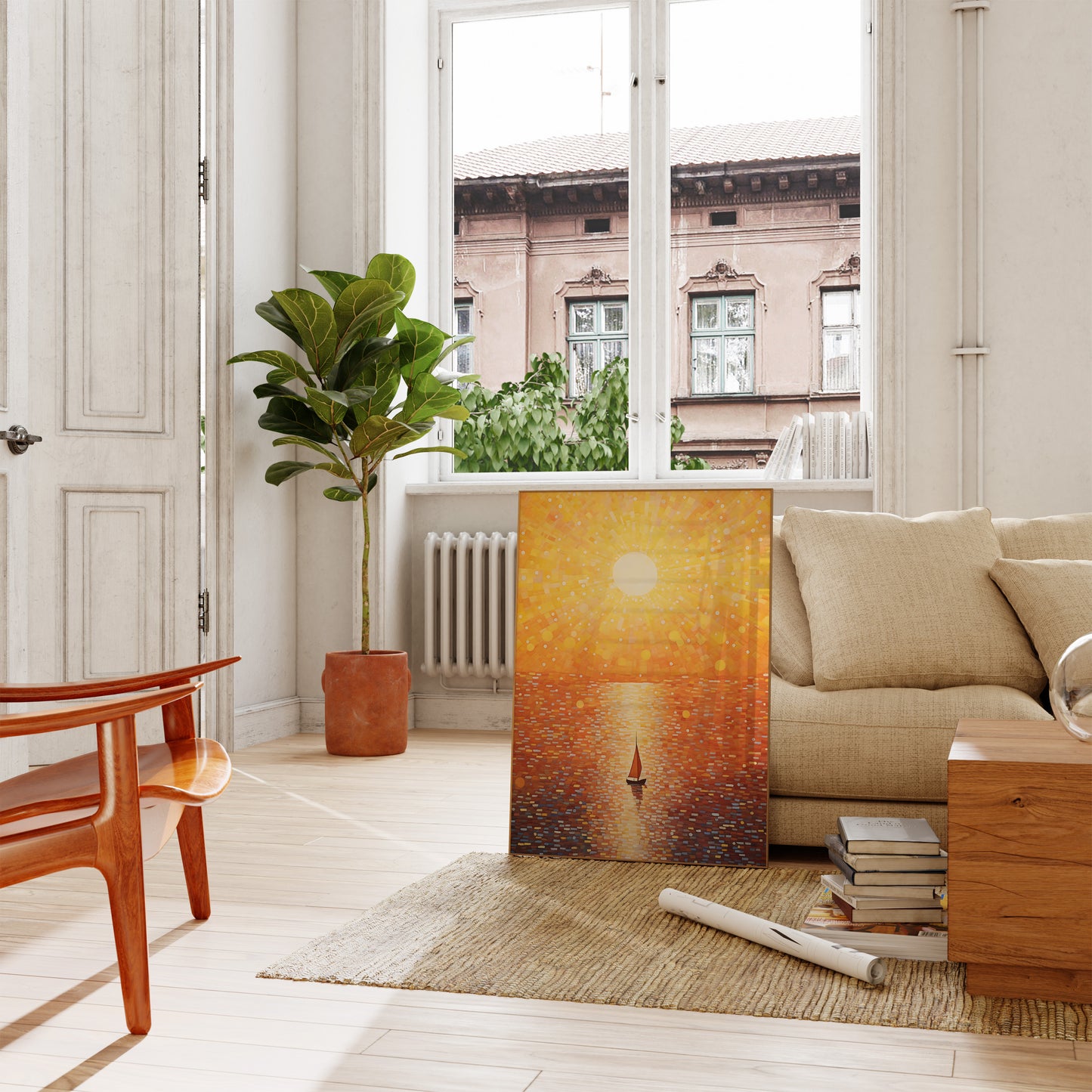 A serene painting leaning against a wall in a sunlit, cozy living room.