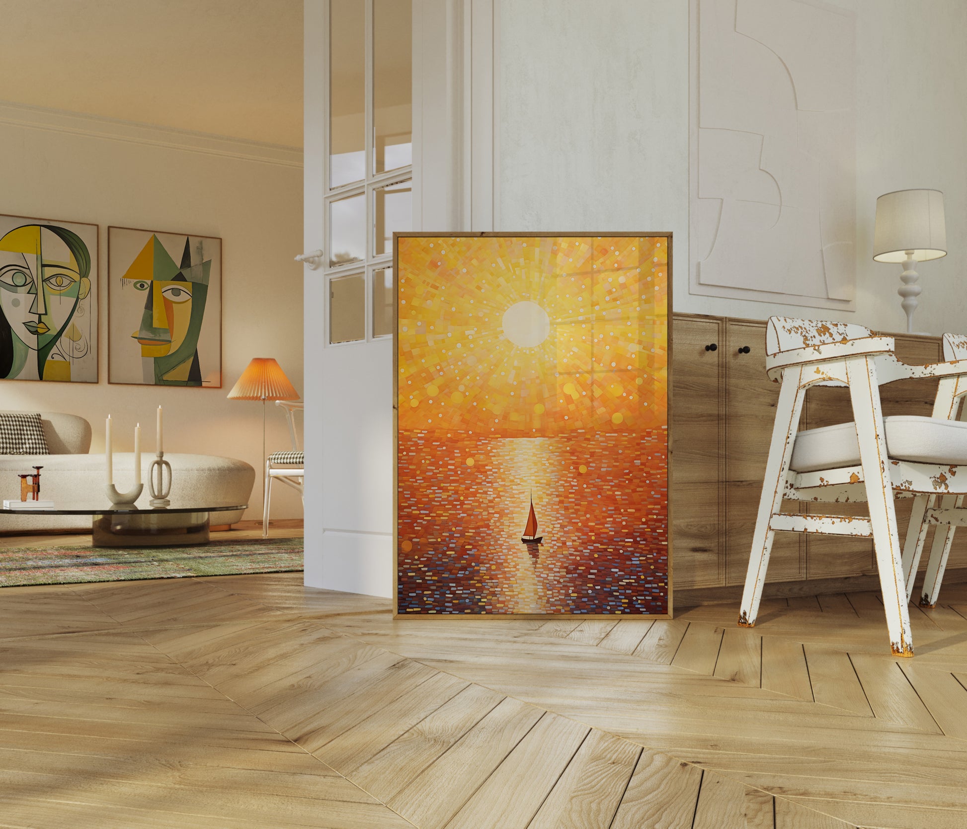 A vibrant painting of a sunset over water displayed on an easel in a modern living room.