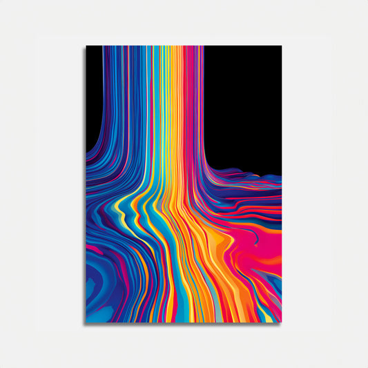 A vibrant abstract painting with flowing multicolored lines against a white background.