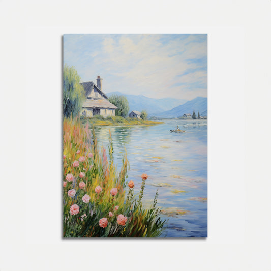 Impressionist-style painting of a house by a river with blooming flowers in the foreground.