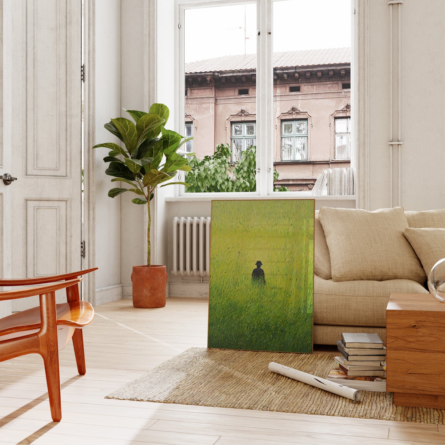 A cozy living room with a large green painting leaning against the wall near a sofa and plants.