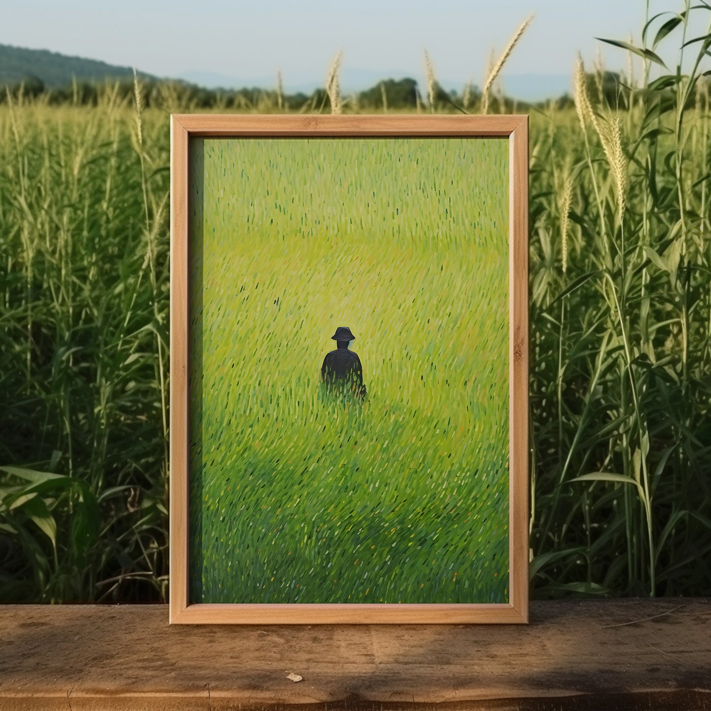A framed painting of a figure in a field placed on a wooden surface outdoors.