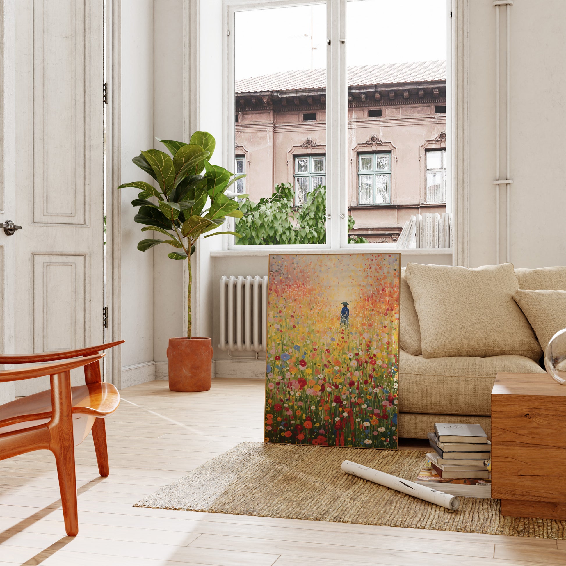 Bright, cozy living room with a large floral painting leaning against the wall, next to a green plant.
