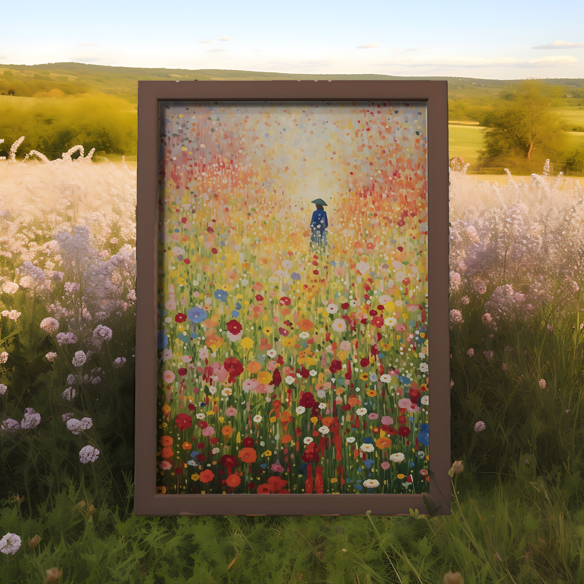 A vibrant painting of a colorful flower field with a blue bird, set against a real-life meadow backdrop.