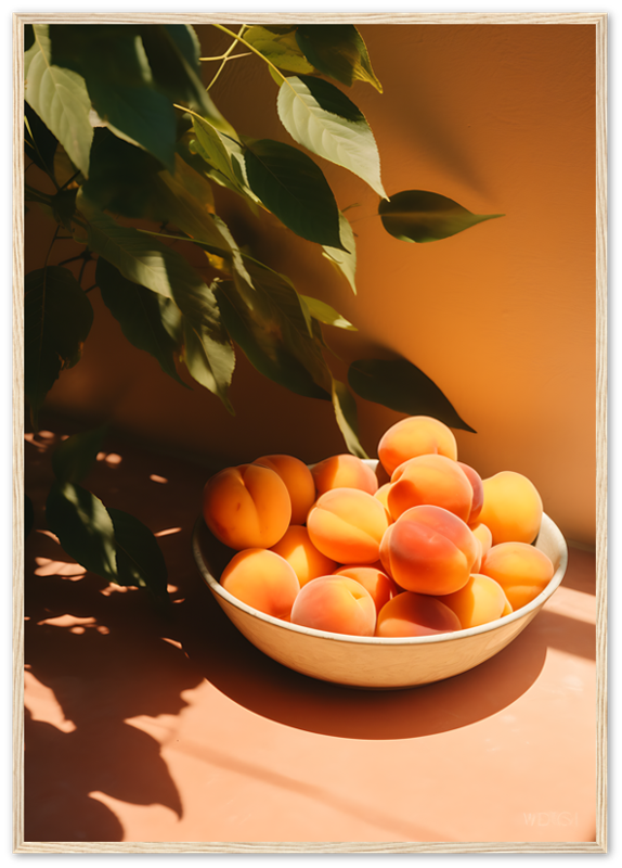 A bowl of apricots in sunlight beside plant shadows.