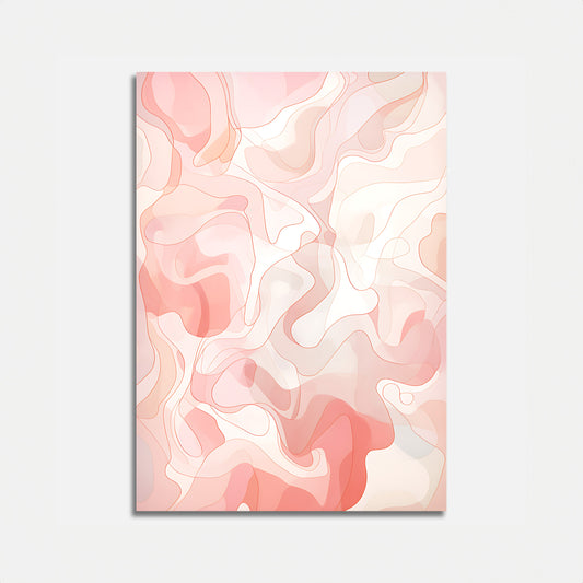 Abstract painting with swirling pink and beige patterns on canvas.