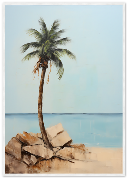 A framed painting of a palm tree on rocky terrain against a calm sea backdrop.