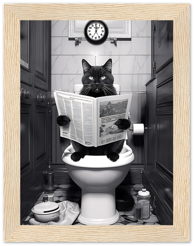 A black cat sitting on a toilet reading a newspaper in a bathroom.