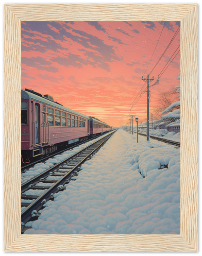 A painting of a train on snowy tracks under a pink-hued sky inside a decorative frame.