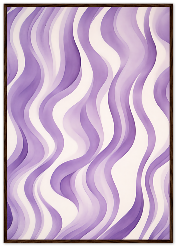 A framed abstract painting with purple and white wavy lines creating a hypnotic pattern.