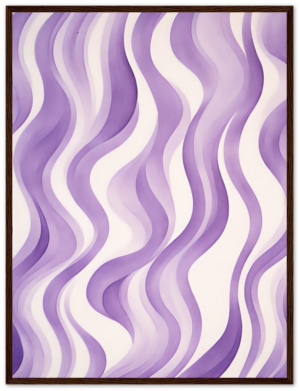 An abstract painting with wavy purple lines creating a ripple effect, framed in brown.