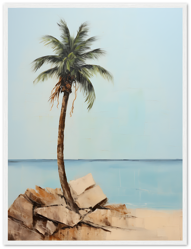 Framed painting of a lone palm tree on rocky terrain with a calm blue sea in the background.