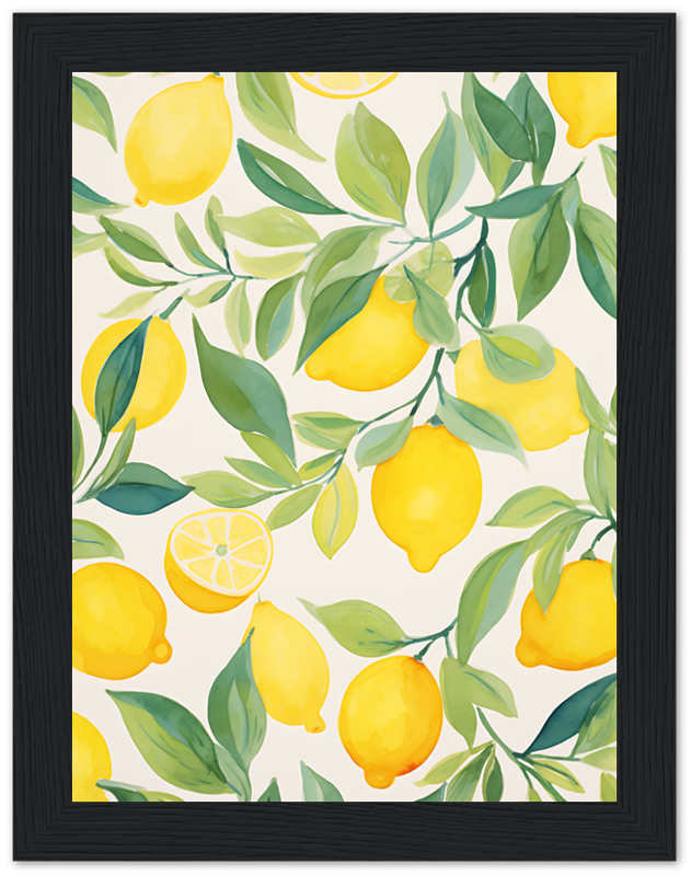 A framed painting of vibrant yellow lemons and green leaves.