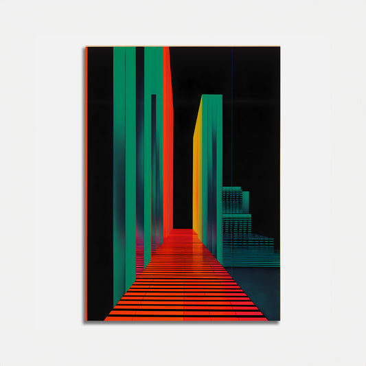 Abstract colorful geometric artwork with vertical lines and a central vanishing point.