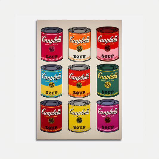 A pop art style poster featuring colorful Campbell's soup cans arranged in a grid.