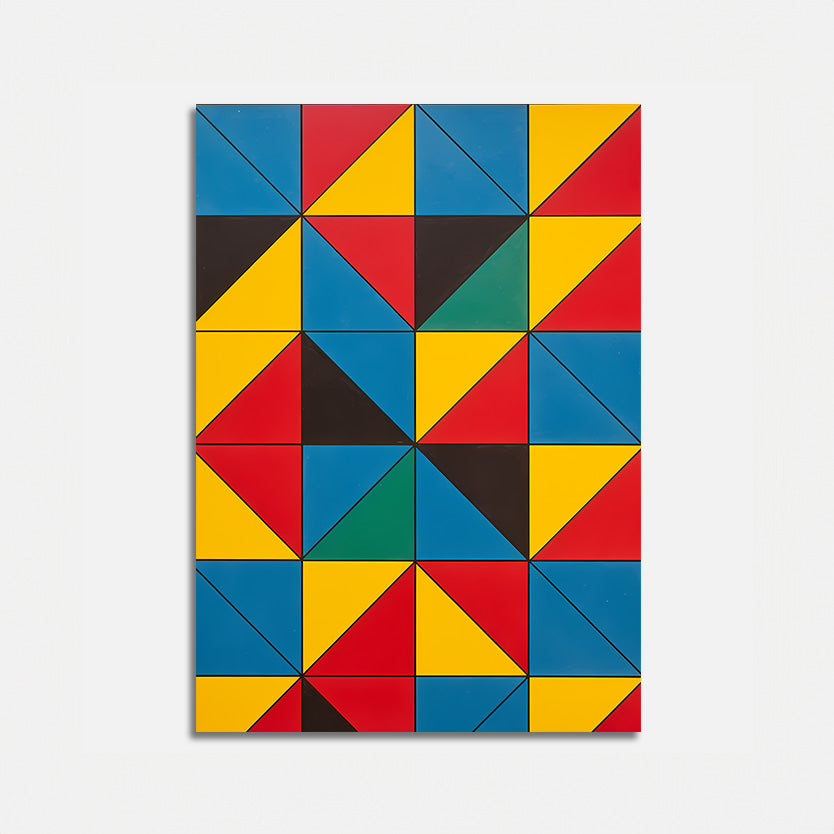 A colorful geometric abstract painting with a pattern of triangles in red, blue, yellow, and green.