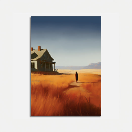 A painting of a person walking towards a house in a field of tall golden grass under a hazy sky.