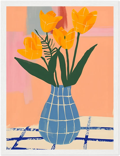 Abstract painting of yellow tulips in a blue checked vase against colorful background.