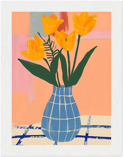 Abstract painting of yellow tulips in a blue checked vase against colorful background.