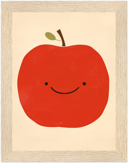 A framed illustration of a smiling red apple with a leaf on top.