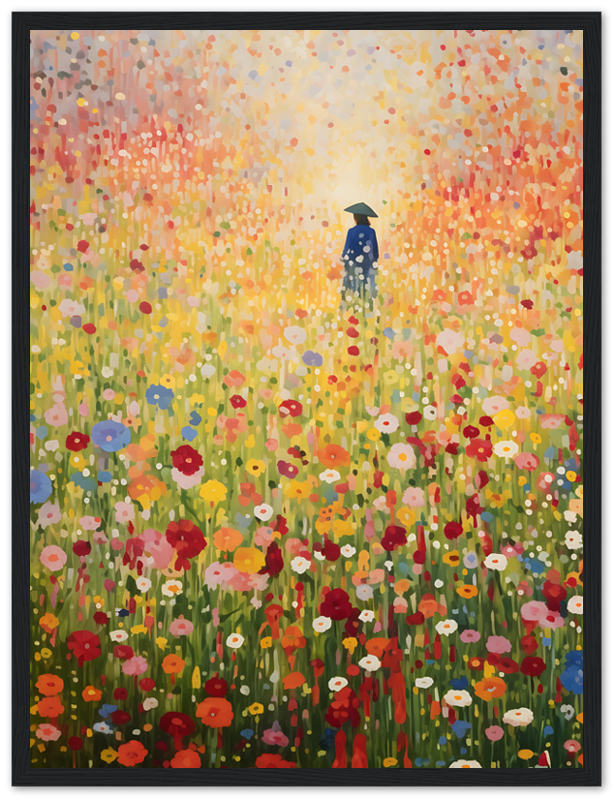 A painting of a person standing amidst a vibrant field of multicolored flowers.