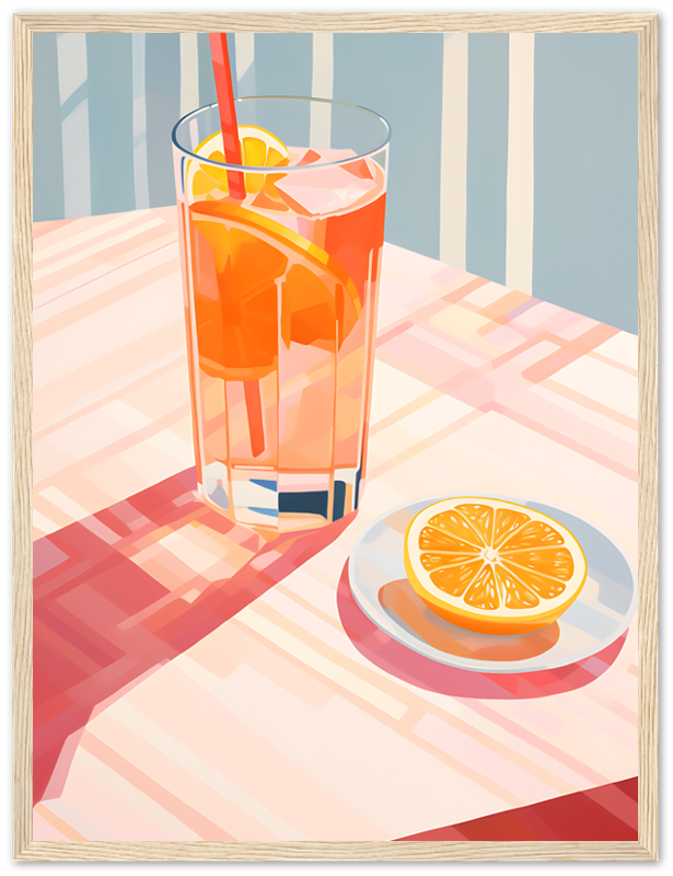 A stylized illustration of iced tea with lemon in a glass, alongside a slice of lemon on a plate.