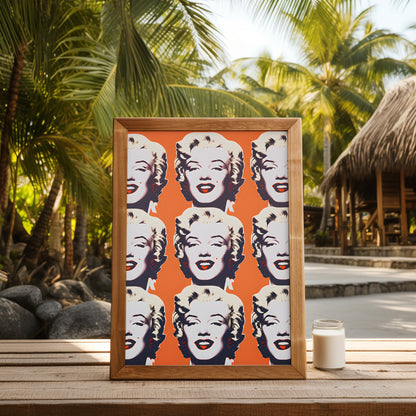 Pop art style portrait of a woman repeated on a canvas placed in a tropical setting.