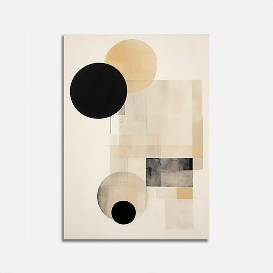 Modern abstract painting with geometric shapes in black, white, and beige tones on canvas.
