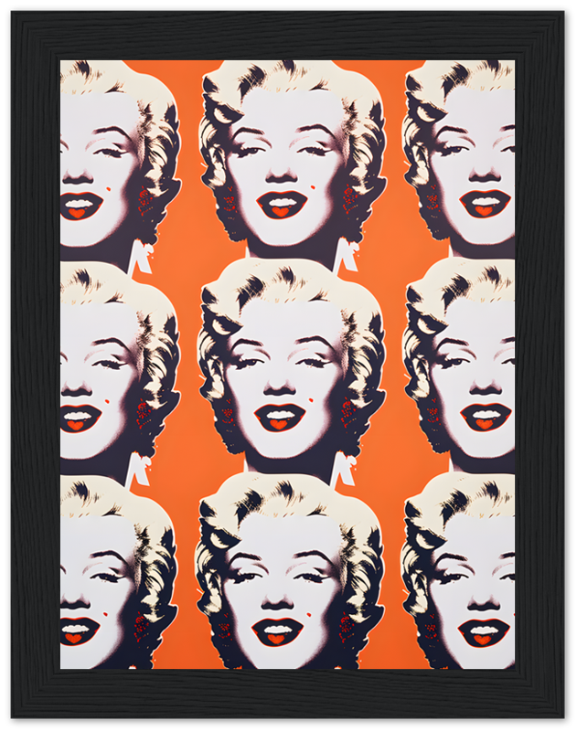 Pop art style image featuring repeated portraits of a woman with blonde hair and red lipstick.