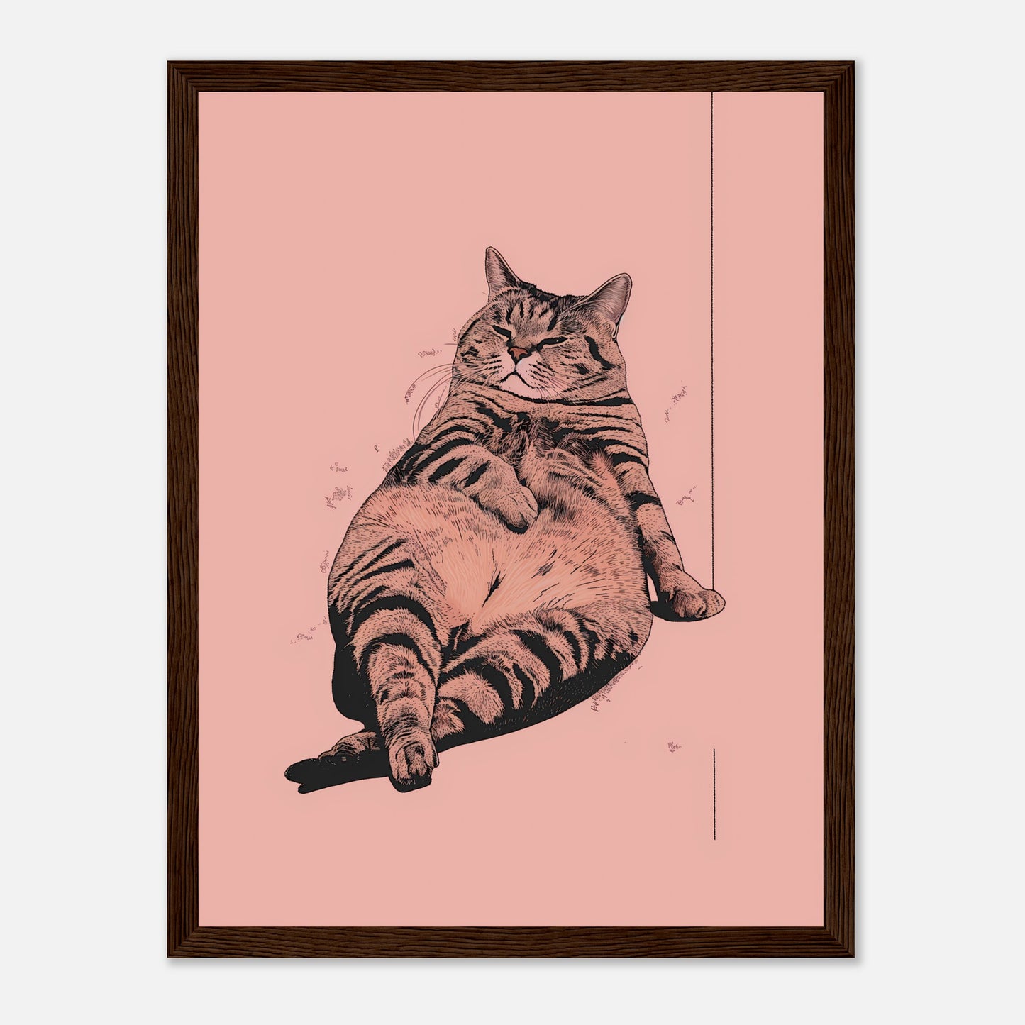 Illustration of a content cat lounging against a pink background, framed on a wall.