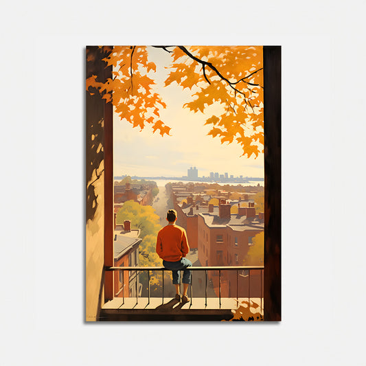 Painting of a person on a balcony overlooking a cityscape in autumn.