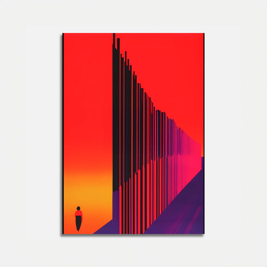A graphic artwork of a silhouette against a vibrant red and orange gradient with vertical lines.